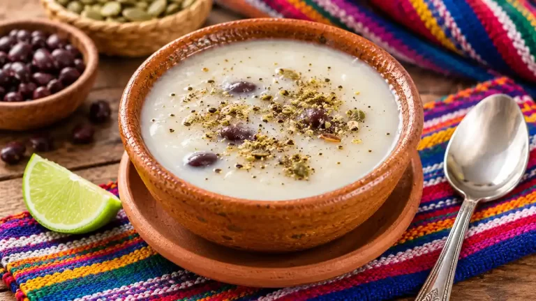 Atol blanco guatemalteco con frijoles, pepita y limón