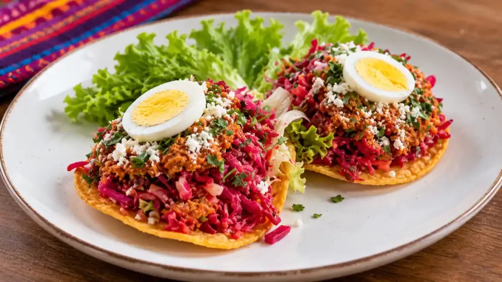 Enchiladas guatemaltecas con curtido de remolacha, carne y huevo duro