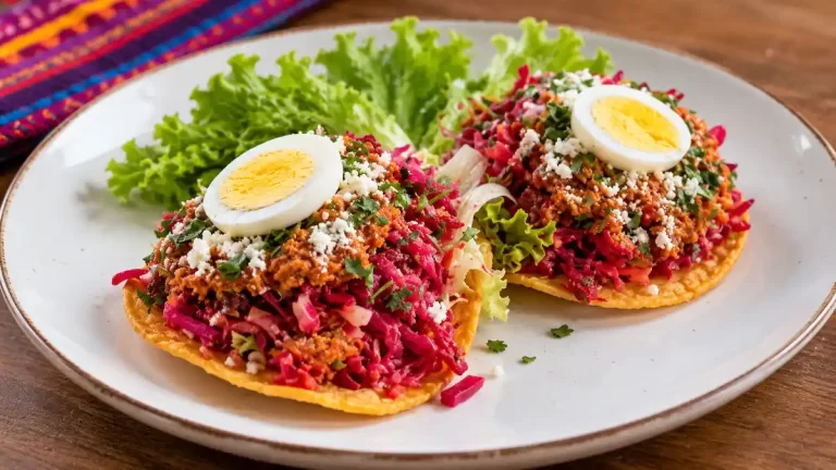 Enchiladas guatemaltecas con curtido de remolacha, carne y huevo duro