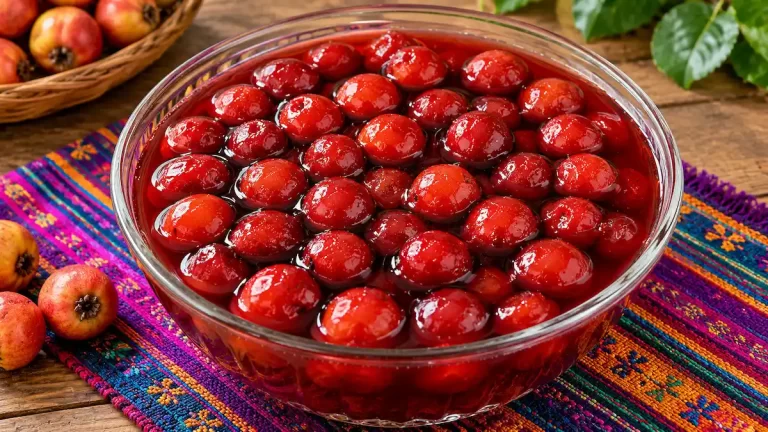 Manzanilla en dulce guatemalteca servida en un recipiente con miel roja